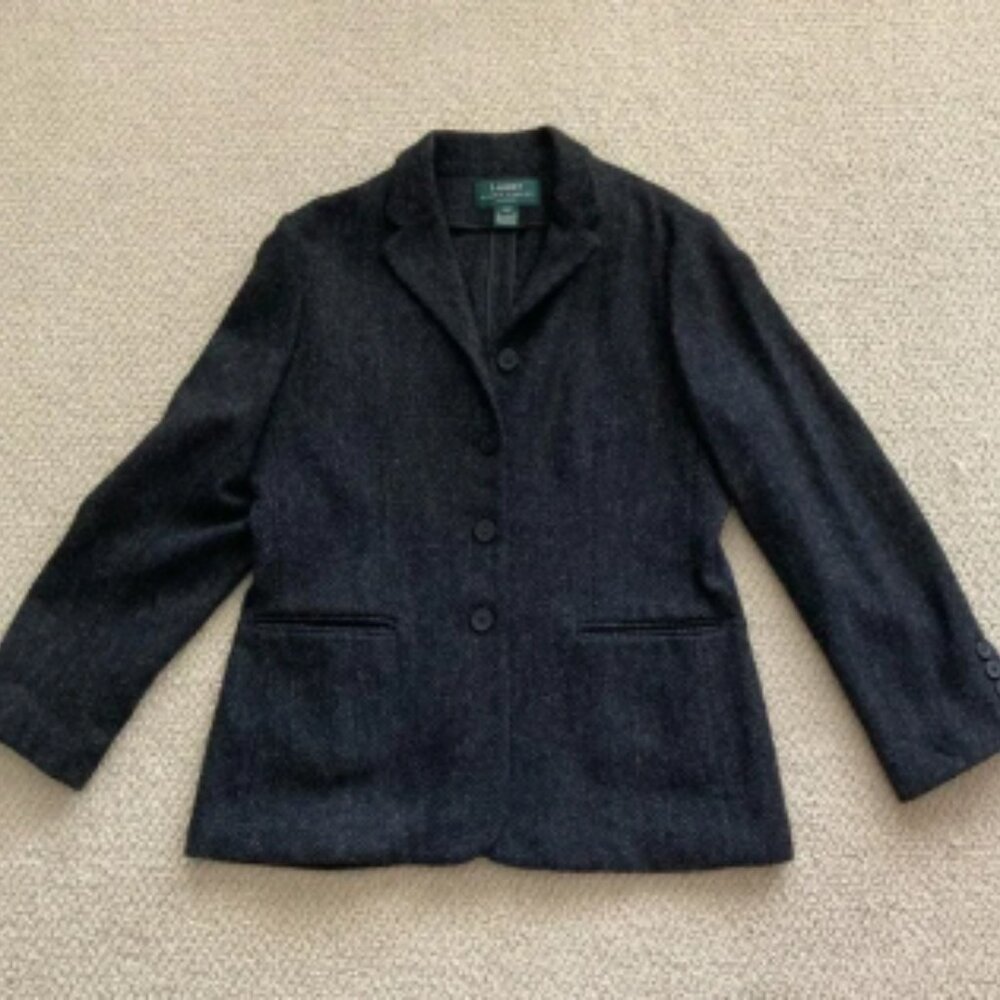 Lauren Ralph Lauren Dark Grey 100% Lamb’s Wool Blazer Size 12 Petite Coat EUC